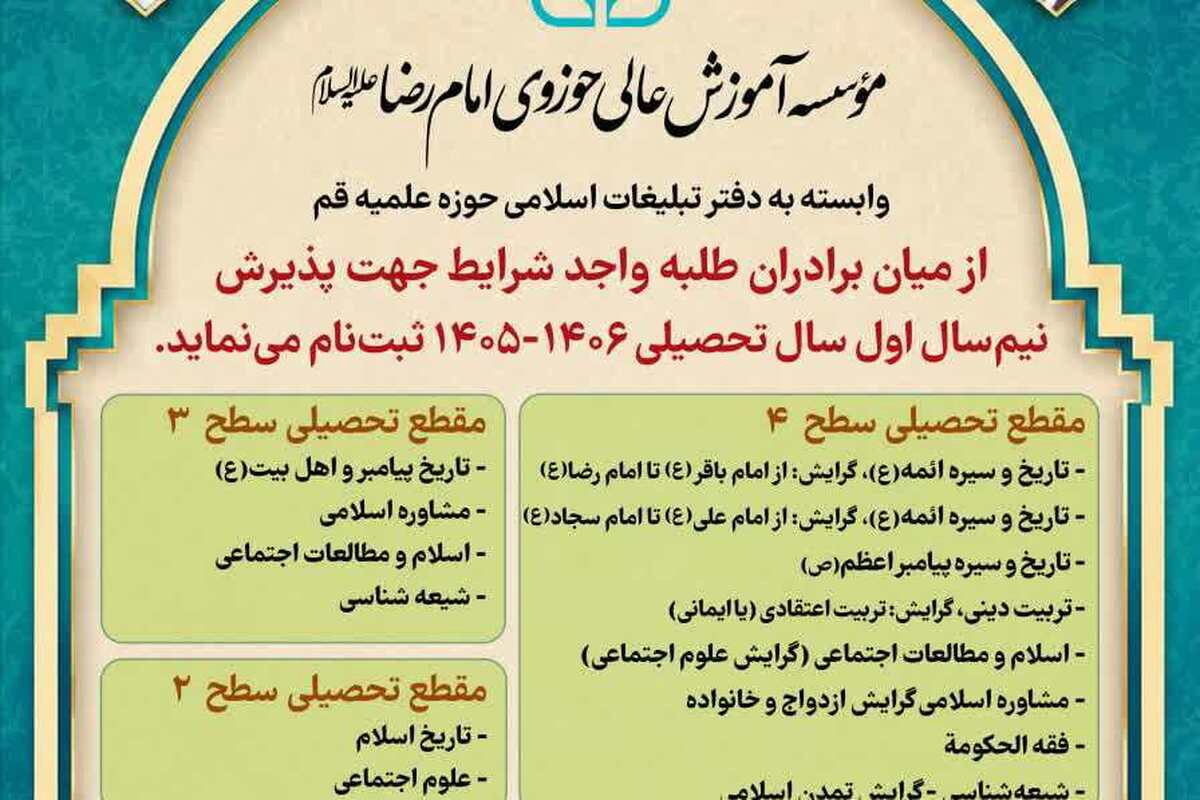 آغاز پذیرش دانش‌پژوه در مؤسسه آموزش عالی حوزوی امام رضا